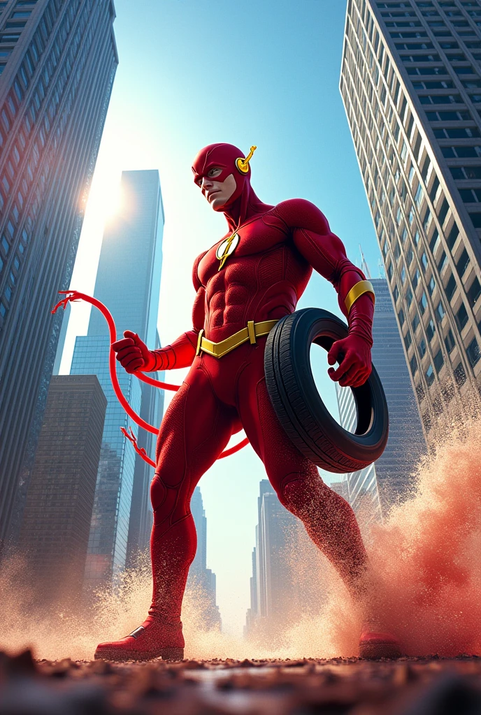 Flash in front of a truck with a hose in one hand and a tire in the other hand