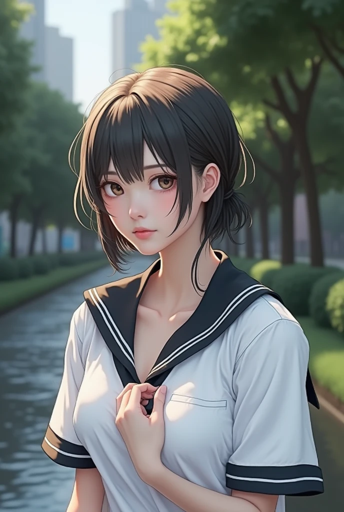 Realistic glowing skin, (sweating:1.4),Stand backwards,Look back at your face,Always look at the camera, (When the uniform gets wet with sweat, it becomes transparent..:1.4),(sweating:1.2),(Nipples are visible:1.8),
Classic black and white sailor uniform,Summer clothes,Cold look,Cold Stare,Black Hair,short hair,Tie your hair short,Silky translucent white skin,best Realistic depiction,(Very detailed美しい顔), Great face and eyes, (Highest quality:1.4), (Very detailedな), (Very detailed CG 統合 8k 壁紙), Very detailed, High resolution raw color photos, Professional photography, Realistic portrait,
(Detailed RAW photos of the girl's whole body), Canon EOS R5 250mm, Sharp focus, Cinema Lighting, (No makeup:1.2), Fine skin, Delicate collarbone,Fine texture of the sailor uniform,Very Realistic sailor uniform texture,(Ultra-high resolution:1.6), (Realistic:1.6),