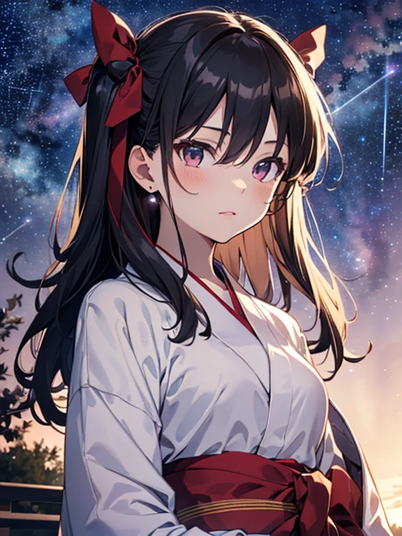 (Starry Sky:1.5), yukata, night, cute, Beauty, Tohsaka Rin, (masterpiece), highest quality, 1girl, uhd, retina, masterpiece, ccurate, anatomically correct, textured skin, super detail, high details, high quality, best quality, highres, 4K