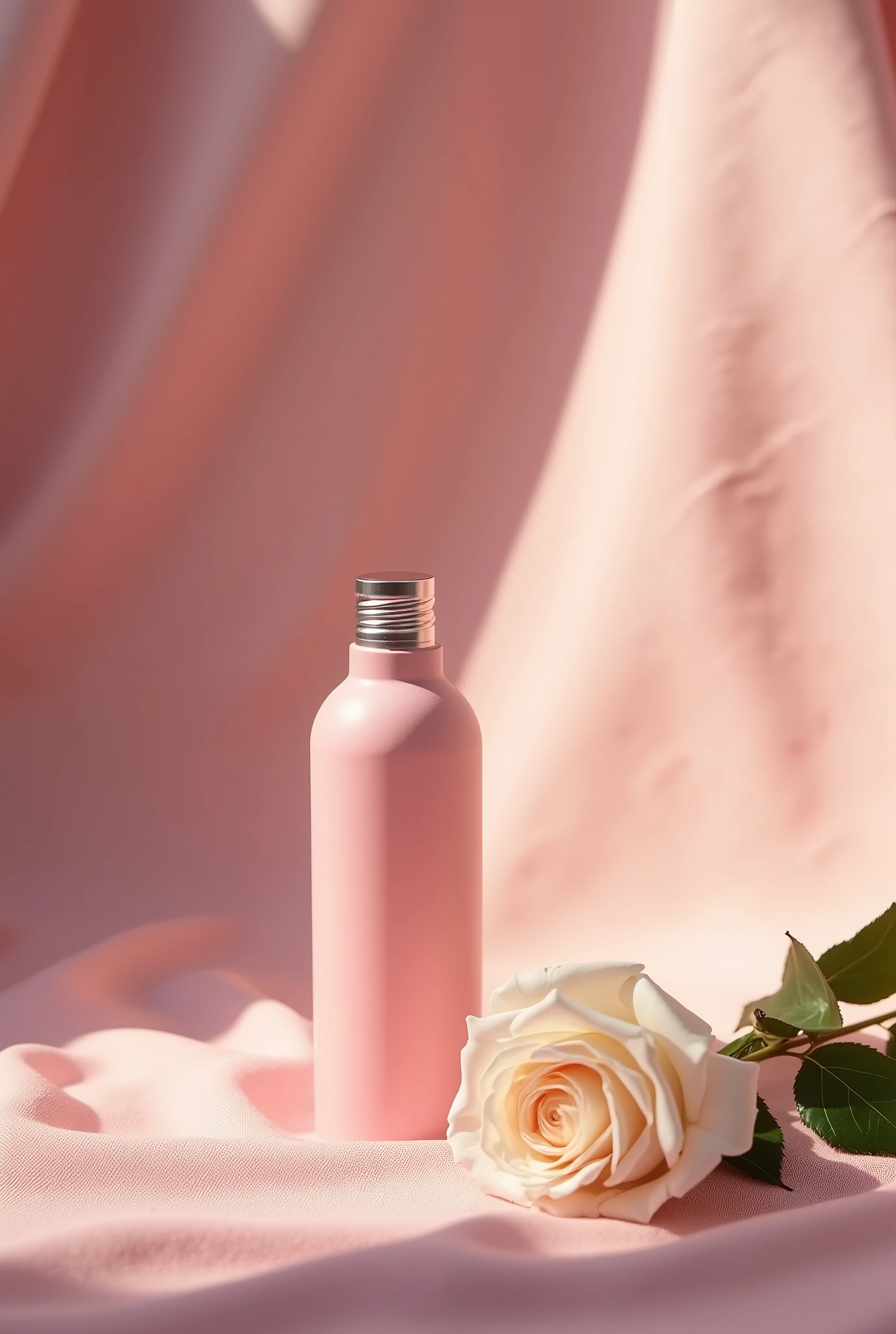 There is a pink bottle,There is a white rose next to the bottle,On pink cloth, Melancholy Rose Soft Light, Memes, Official product photos, soft colors Mononucleosis chromatic, Professional product photography, Official product images, With soft pink, Dramatic product shots, Synthetic biological skin, Mononucleosis, Professional product photos