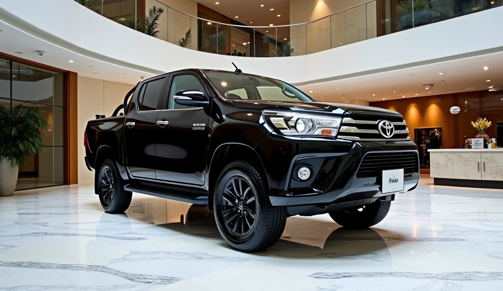 Display the redesigned 2025 Toyota Hilux in a sleek black color with a glossy finish. The vehicle should be captured in high-definition, showcasing the refined details and smooth, reflective quality of the black glossy body. The Hilux is presented in a luxury showroom setting, featuring polished marble floors, expansive glass walls, and sophisticated decor. Ensure that the image highlights the vehicle’s modern design and the opulent environment of the showroom.