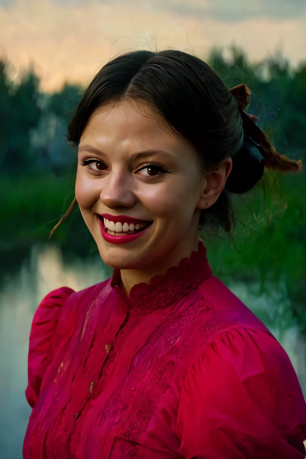 ((Head and sholders portrait)) . (Pearl from the A24 movie "Pearl" , wearing a red dress), ((psycho face, large smile)), standing in a dimly lit, eerie farmhouse setting, cinematic lighting, hyper-realistic style, high detail, dramatic shadows, (shallow depth of field), (moody color grading), (sharp focus), (tense atmosphere), (vintage film grain), (portrait photography style), dark background, (masterpiece: 2), best quality, ultra highres, original, extremely detailed, perfect lighting. (( river background)).