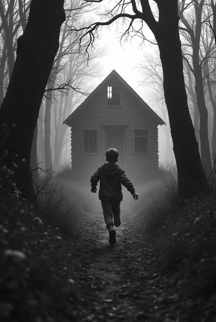 A boy running towards a cabin in the woods black and white image horror scene 