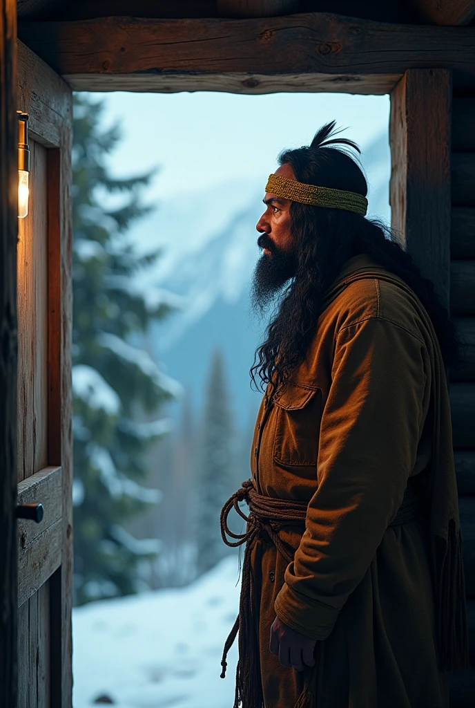 35mm film photography, A rustic cabin door open to reveal a snowy mountain landscape under a starry night sky. A Native American man with long black hair, dressed warmly, takes a step outside, his breath visible in the cold air., studio lighting, copy background, professional grading, advertising, cinematic angle composition, 50mm, high detail, vibrant color palette,Highly detailed, realistic digital illustration of a man with a rugged appearance set against a forest background. The subject has a strong, chiseled face with a prominent jawline, thick eyebrows, and a full, bushy beard. His skin is a medium tan color. He is wearing a green, moss-covered headband and a matching cloak that blends seamlessly with the forest environment, giving him a natural, earthy look. The background features tall, green trees with a blurred effect, emphasizing the subject's detailed features and attire.
