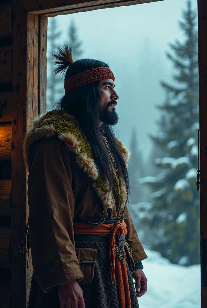 35mm film photography, A rustic cabin door open to reveal a snowy mountain landscape under a starry night sky. A Native American man with long black hair, dressed warmly, takes a step outside, his breath visible in the cold air., studio lighting, copy background, professional grading, advertising, cinematic angle composition, 50mm, high detail, vibrant color palette,Highly detailed, realistic digital illustration of a man with a rugged appearance set against a forest background. The subject has a strong, chiseled face with a prominent jawline, thick eyebrows, and a full, bushy beard. His skin is a medium tan color. He is wearing a green, moss-covered headband and a matching cloak that blends seamlessly with the forest environment, giving him a natural, earthy look. The background features tall, green trees with a blurred effect, emphasizing the subject's detailed features and attire.