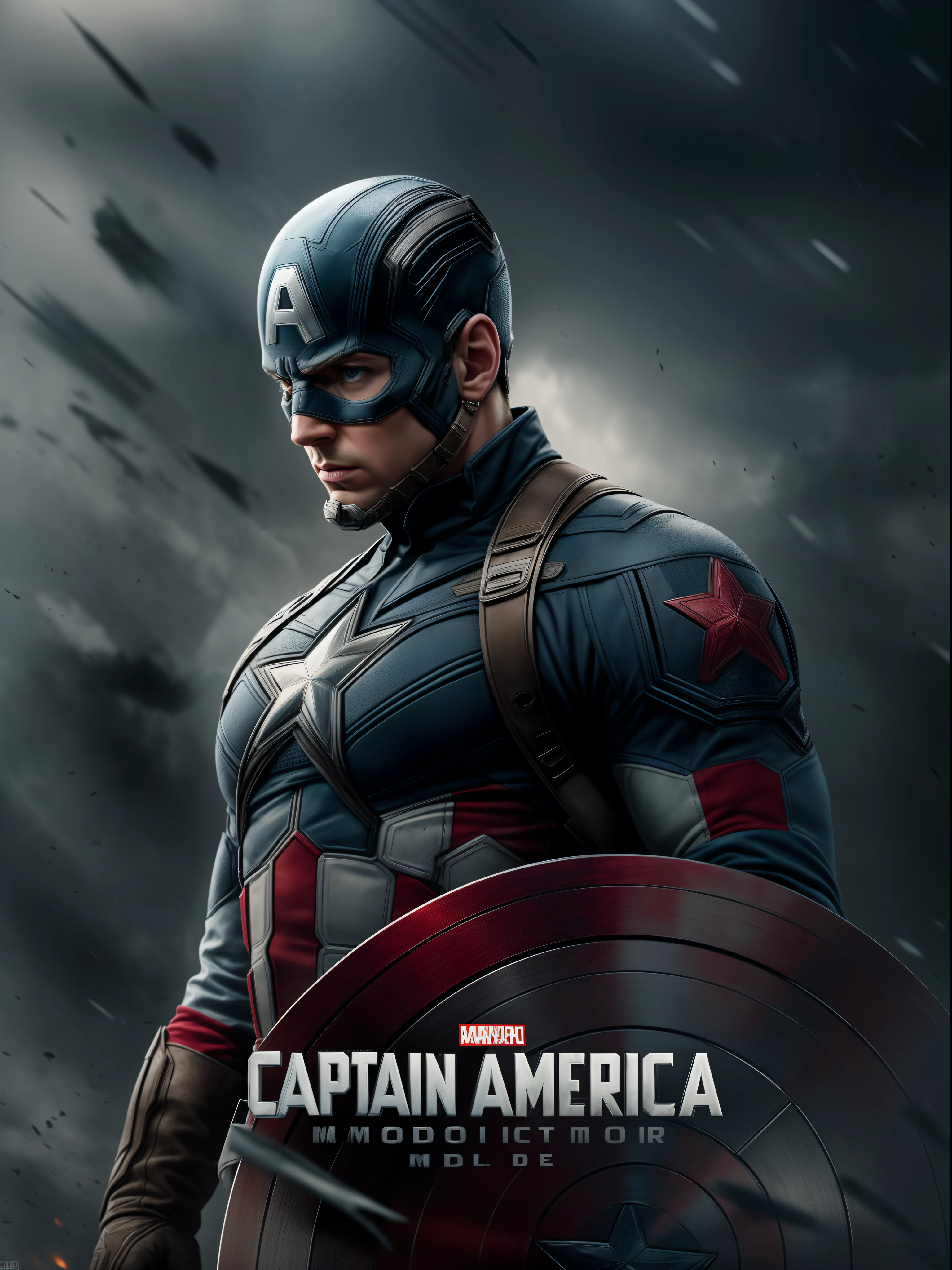 captain America, movie poster, dark mood settings, best qualityer, collection of masterpieces, 16k resolution, extremely detaild, text as the central object