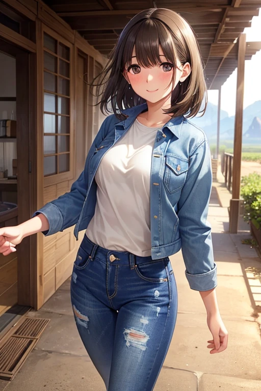 anegasaki nene、Shiny brown hair, short hair, (Beautiful brown eyes、Sparkling eyes, Fine grain)、smile、Ultra-detailed eyes、Highly detailed face, Highly detailed eyes,Cowboy Shot、


(high quality, High resolution, The finer details), Realistic, Outdoor, (Vast arid region:1.4),
 Wild Cactus,
 (( Denim Jacket, Denim pants)), Strong winds, alone,  Flowing Hair,, smile, blush, Sweat, Oily skin, Shallow depth of field