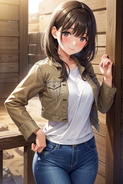 anegasaki nene、Shiny brown hair, short hair, (Beautiful brown eyes、Sparkling eyes, Fine grain)、smile、Ultra-detailed eyes、Highly detailed face, Highly detailed eyes,Cowboy Shot、
(high quality, High resolution, The finer details), Realistic, Outdoor, (Vast arid region:1.4),
Wild Cactus,
(( Denim Jacket, Denim pants)), Strong winds, alone, Flowing Hair,, smile, blush, Sweat, Oily skin, Shallow depth of field