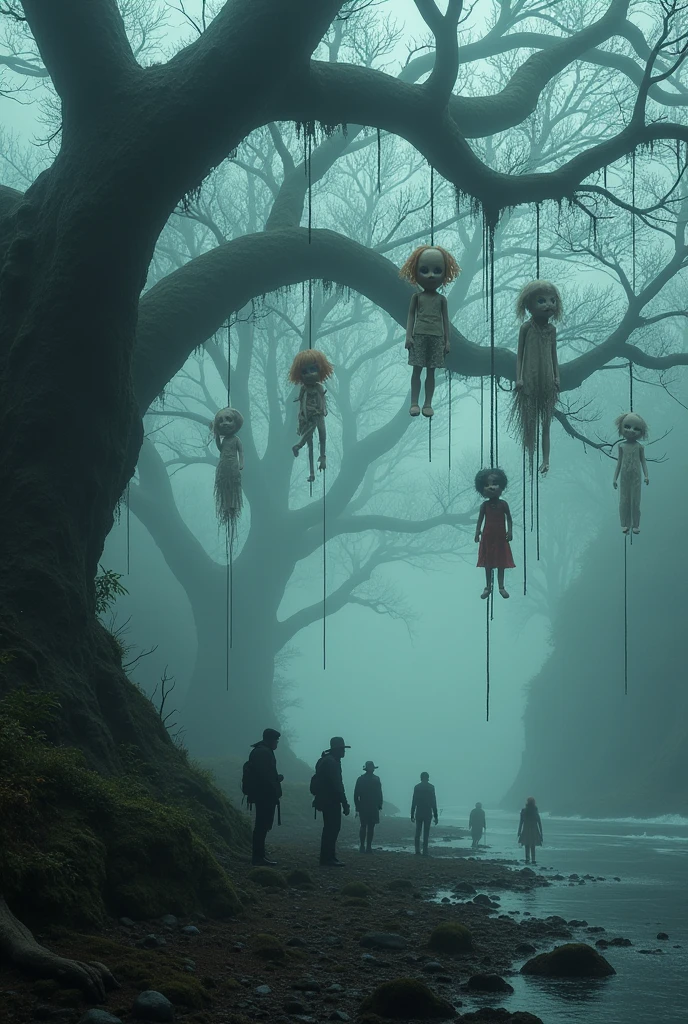 100 dolls hanging from trees and houses、Horror、Real、Doll with only a head、Tattered Doll