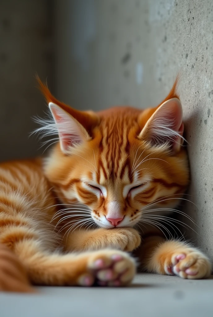 An indonesian beauty women, messy red hair, is lying on its back on the wall, eyes slightly closed, licking its paws, grooming itself, looking very leisurely, cute and relaxed, blurred minimalist background, photogenic, UHD.