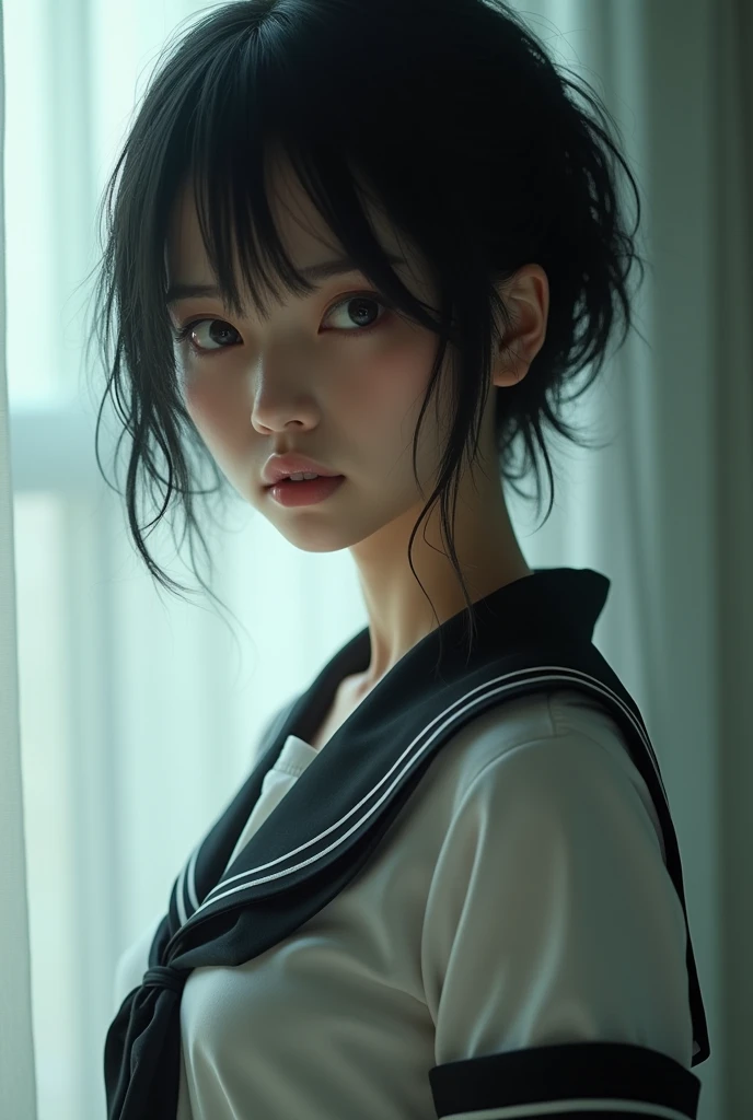 Realistic glowing skin, (sweating:1.4),Stand backwards,Look back at your face,Always look at the camera, (When the uniform gets wet with sweat, it becomes transparent..:1.4),(sweating:1.2),(Nipples:1.8),
Classic black and white sailor uniform,Summer clothes,Cold look,Cold Stare,Black Hair,short hair,Tie your hair short,Silky translucent white skin,best Realistic depiction,(Very detailed美しい顔), Great face and eyes, (Highest quality:1.4), (Very detailedな), (Very detailed CG 統合 8k 壁紙), Very detailed, High resolution raw color photos, Professional photography, Realistic portrait,
(Detailed RAW photos of the girl's whole body), Canon EOS R5 250mm, Sharp focus, Cinema Lighting, (No makeup:1.2), Fine skin, Delicate collarbone,Fine texture of the sailor uniform,Very Realistic sailor uniform texture,(Ultra-high resolution:1.6), (Realistic:1.6),