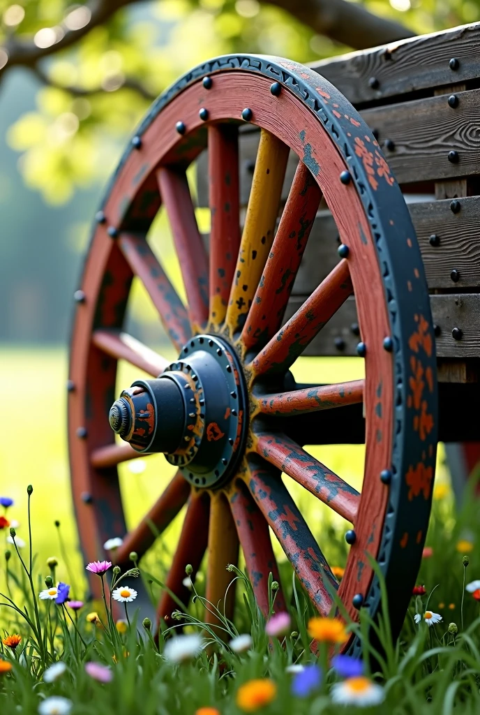 Create an image of a colorful wooden wagon rim with sixteen hoops.
Just the rim, no characters in the image .
