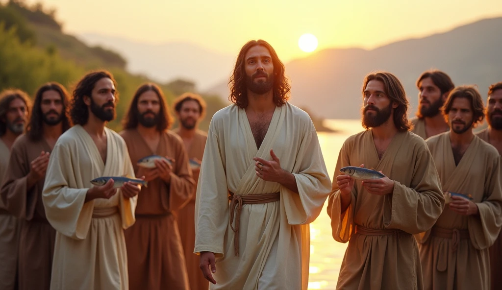 "Crie uma imagem realista de jesus e seus discípulos reunidos à beira do Mar da Galileia após sua ressurreição. The scene should capture the soft light of dawn reflecting on the calm waters of the lake.. jesus, with a serene and welcoming expression, is not center, surrounded by his disciples who demonstrate a mixture of joy and reverence. They are clothed in simple tunics, typical of the time, and some hold fish, symbolizing the miracle of fishing. Ao fundo, the vegetation and hills of Galilee must be visible, creating a natural and serene environment that highlights the importance of this spiritual moment."