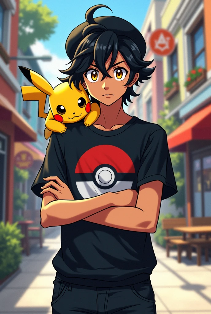 a 15 year old young man, tanned skinned brunette appears with slightly messy wavy black hair, falling on his forehead. your eyes are bright yellow intimidating, Wearing a black t-shirt printed with an ultra ball, a black beret and black jeans, He carries a backpack His expression is reserved and he always has his arms crossed, while his focused gaze reveals the agile mind of someone always ready to learn more, and on his shoulder sits his loyal friend pikachu. (アニメ)