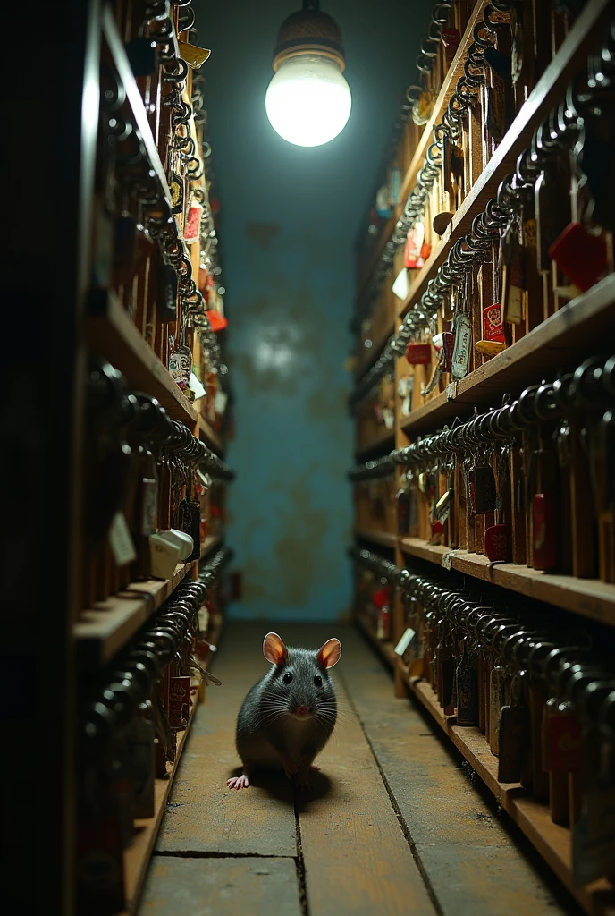 A rat is in the room that stores a hundred of hotel room keys. Make it realistic.