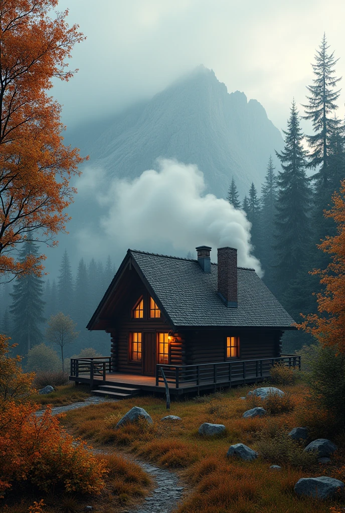 a cozy mountain cabin, smoke rising from the chimney, autumn landscape, warm lighting, photorealistic, 8k, (best quality,4k,8k,highres,masterpiece:1.2),ultra-detailed,(realistic,photorealistic,photo-realistic:1.37),hdr,studio lighting,vibrant colors,intricate details,natural scenery,lush forest,fog,dreamy atmosphere,soft lighting