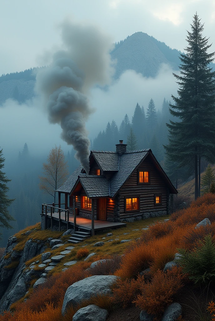 a cozy mountain cabin, smoke rising from the chimney, autumn landscape, warm lighting, photorealistic, 8k, (best quality,4k,8k,highres,masterpiece:1.2),ultra-detailed,(realistic,photorealistic,photo-realistic:1.37),hdr,studio lighting,vibrant colors,intricate details,natural scenery,lush forest,fog,dreamy atmosphere,soft lighting