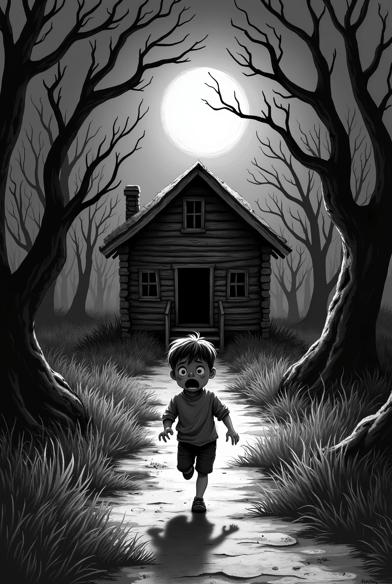 A boy running towards a wooden cabin at night in the woods black and white image horror scene hand drawn 
