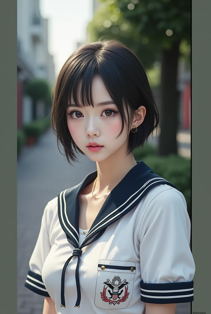 Realistic glowing skin, (sweating:1.4),Stand backwards,Look back at your face,Always look at the camera, (When the uniform gets wet with sweat, it becomes transparent..:1.4),(sweating:1.2),(Nipples:1.8),
Classic black and white sailor uniform,Summer clothes,Cold look,Cold Stare,Black Hair,short hair,Tie your hair short,Silky translucent white skin,best Realistic depiction,(Very detailed美しい顔), Great face and eyes, (Highest quality:1.4), (Very detailedな), (Very detailed CG 統合 8k 壁紙), Very detailed, High resolution raw color photos, Professional photography, Realistic portrait,
(Detailed RAW photos of the girl's whole body), Canon EOS R5 250mm, Sharp focus, Cinema Lighting, (No makeup:1.2), Fine skin, Delicate collarbone,Fine texture of the sailor uniform,Very Realistic sailor uniform texture,(Ultra-high resolution:1.6), (Realistic:1.6),