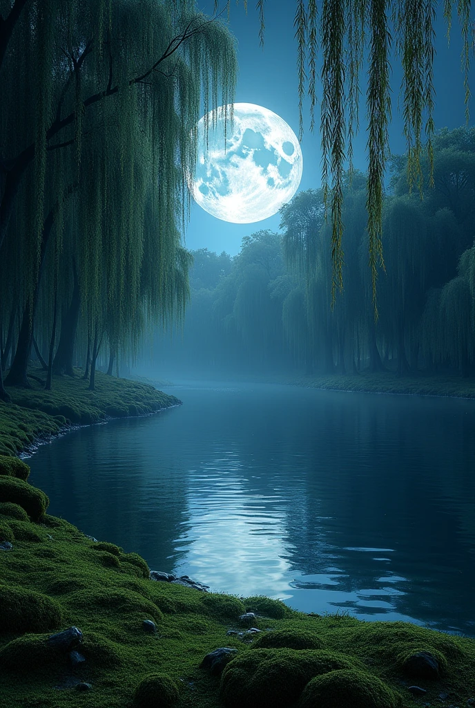 Large round lake in the forest with moss at night. Full moon in the sky. Many weeping willows in the background. Landscape format. Lake is a circle. Forest surrounds lake in the background