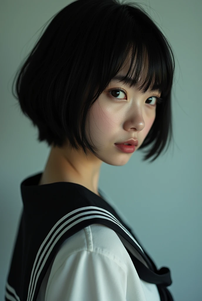 Realistic glowing skin, (sweating:1.4),Stand backwards,Look back at your face,Always look at the camera, (When the uniform gets wet with sweat, it becomes transparent..:1.4),(sweating:1.2),(Nipples:1.8),
Classic black and white sailor uniform,Summer clothes,Cold look,Cold Stare,Black Hair,short hair,Tie your hair short,Silky translucent white skin,best Realistic depiction,(Very detailed美しい顔), Great face and eyes, (Highest quality:1.4), (Very detailedな), (Very detailed CG 統合 8k 壁紙), Very detailed, High resolution raw color photos, Professional photography, Realistic portrait,
(Detailed RAW photos of the girl's whole body), Canon EOS R5 250mm, Sharp focus, Cinema Lighting, (No makeup:1.2), Fine skin, Delicate collarbone,Fine texture of the sailor uniform,Very Realistic sailor uniform texture,(Ultra-high resolution:1.6), (Realistic:1.6),