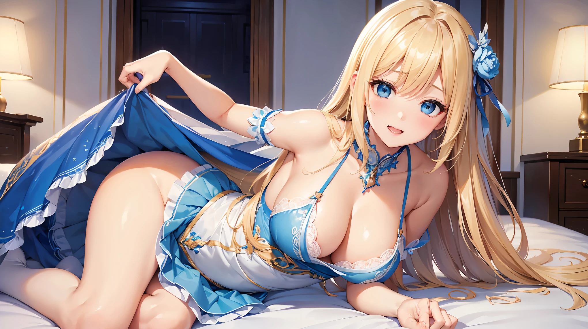 ((Highest quality、High resolution))、Portraiture、Beautiful woman、Perfect body、Beautiful and bountiful breasts、(tits、panties)、long blond、bangs、Blue and white、Embellished blue sexy dress、skirt、Sexually excited expression、(((I'm tempting you、Beautiful woman opening her legs and inviting sex)))、Outdoor Scenery