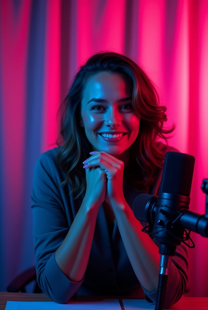 A woman in a podcast scene, with pink curtains and neon lights, best quality, realistic image, 4k