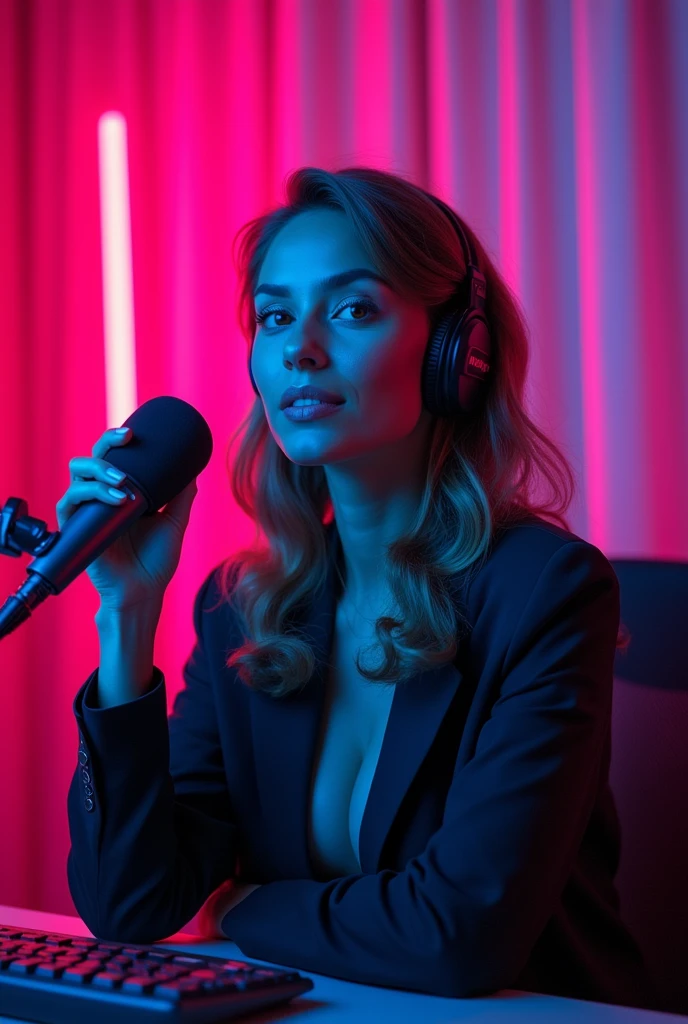 A woman in a podcast scene, with pink curtains and neon lights, best quality, realistic image, 4k