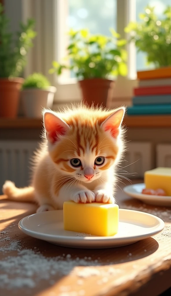 Realistic cute kitten Delicious butter day