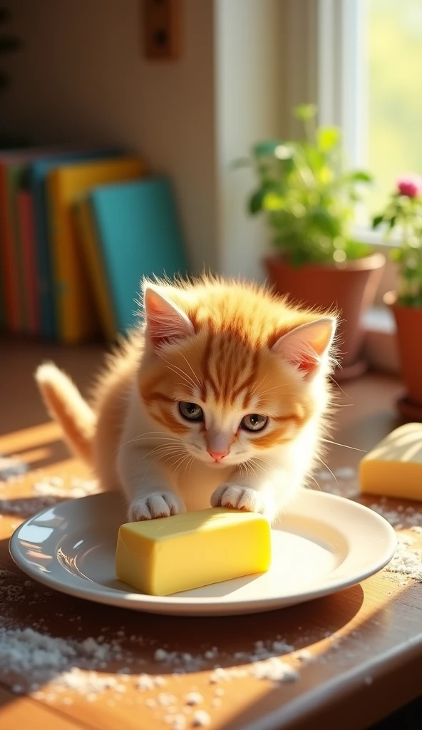 Realistic cute kitten Delicious butter day