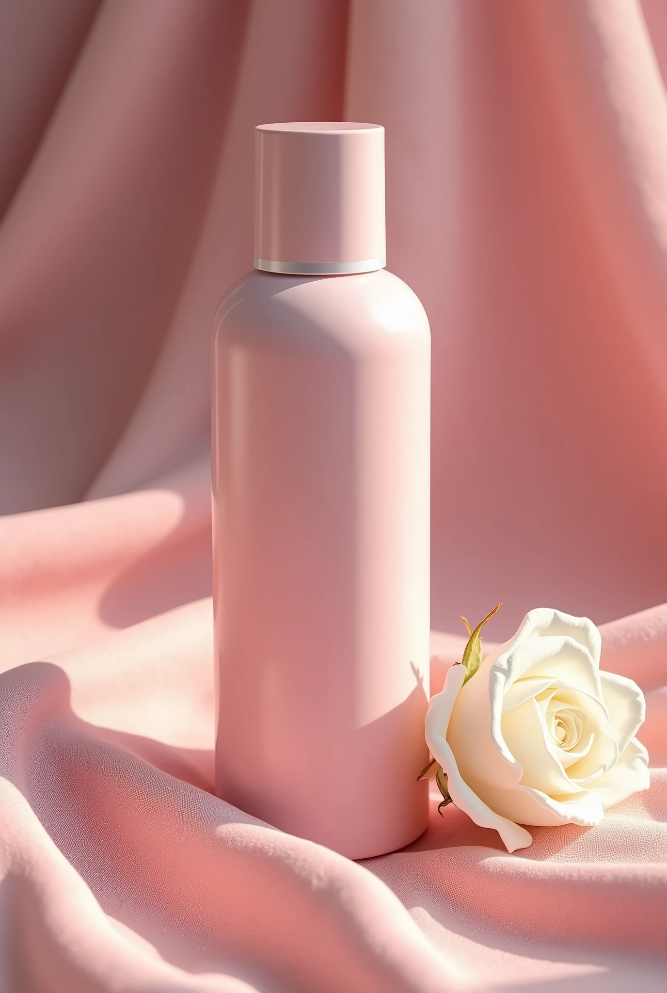 There is a pink bottle,There is a white rose next to the bottle,On pink cloth, Melancholy Rose Soft Light, Memes, Official product photos, soft colors Mononucleosis chromatic, Professional product photography, Official product images, With soft pink, Dramatic product shots, Synthetic biological skin, Mononucleosis, Professional product photos
