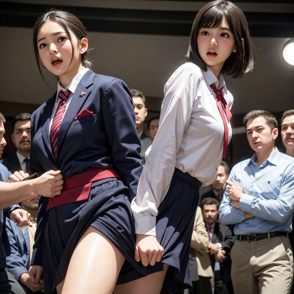 A beautiful and innocent junior high school girl surrounded by excited and erect middle-aged men, Sexy underwear exposed, Screaming with her mouth open in shame at being seen, Surprise the audience, Being molested by a middle-aged man, A middle-aged man strips her of her uniform, Being molested by a middle-aged man, Beautiful black short bob hair, blush, Increased sensitivity, Beautiful eyes overflow with tears, Ultra high definition, Clear white skin, Slender body, Japanese, Anatomically correct, Cowboy Shot