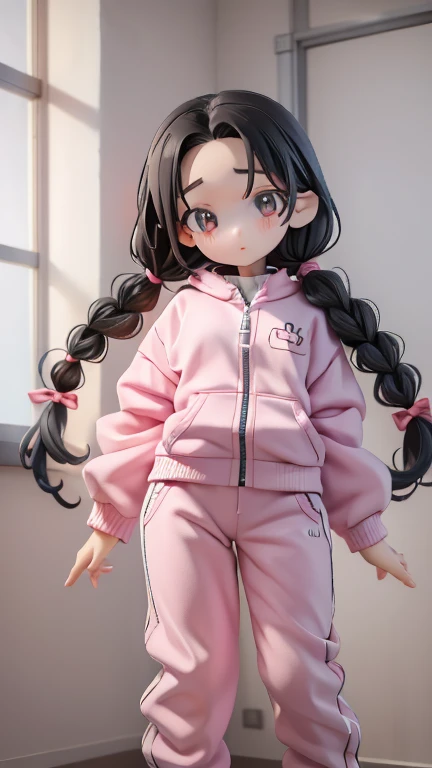 Girl、Primary school students、small、sharp、Black Hair,、Pigtails、Braid、The forehead is visible、Forehead、Jersey、Tracksuits、Clothing patterns、Clothing Design、The front is open、whole body、
