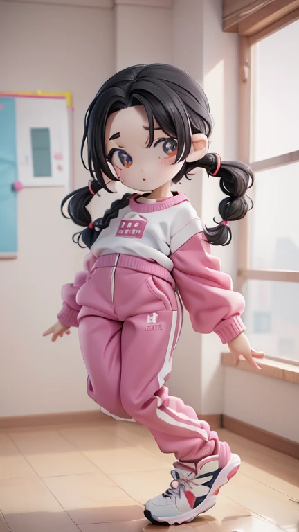 Girl、Primary school students、small、sharp、Black Hair,、Pigtails、Braid、The forehead is visible、Forehead、Jersey、Tracksuits、Clothing patterns、Clothing Design、The front is open、whole body、
