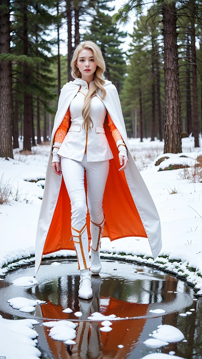 A stunning futuristic warrior woman with flowing blonde hair stand on the ground in a snowy forest, her glowing white and orange suit reflecting in a puddle before her. The suit features intricate circuitry patterns that illuminate her body, contrasting against the stark white of her hooded cape. Her expression is stoic and powerful, hinting at a hidden strength