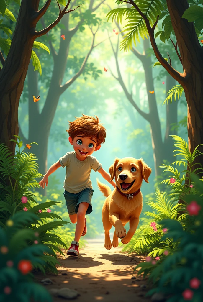 The boy is playing in the jungle with dog