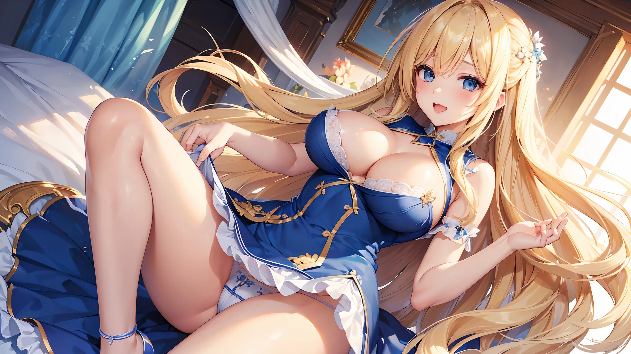 ((Highest quality、High resolution))、Portraiture、Beautiful woman、Perfect body、Beautiful and bountiful breasts、(tits、panties)、long blond、bangs、Blue and white、Embellished blue sexy dress、skirt、Sexually excited expression、(((I'm tempting you、Beautiful woman opening her legs and inviting sex)))、Outdoor Scenery