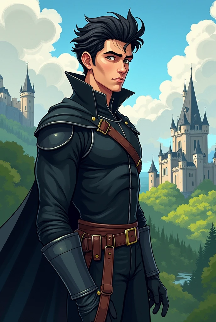 Man in black medieval adventurer clothes with dark hair and gray eyes in Cartoon