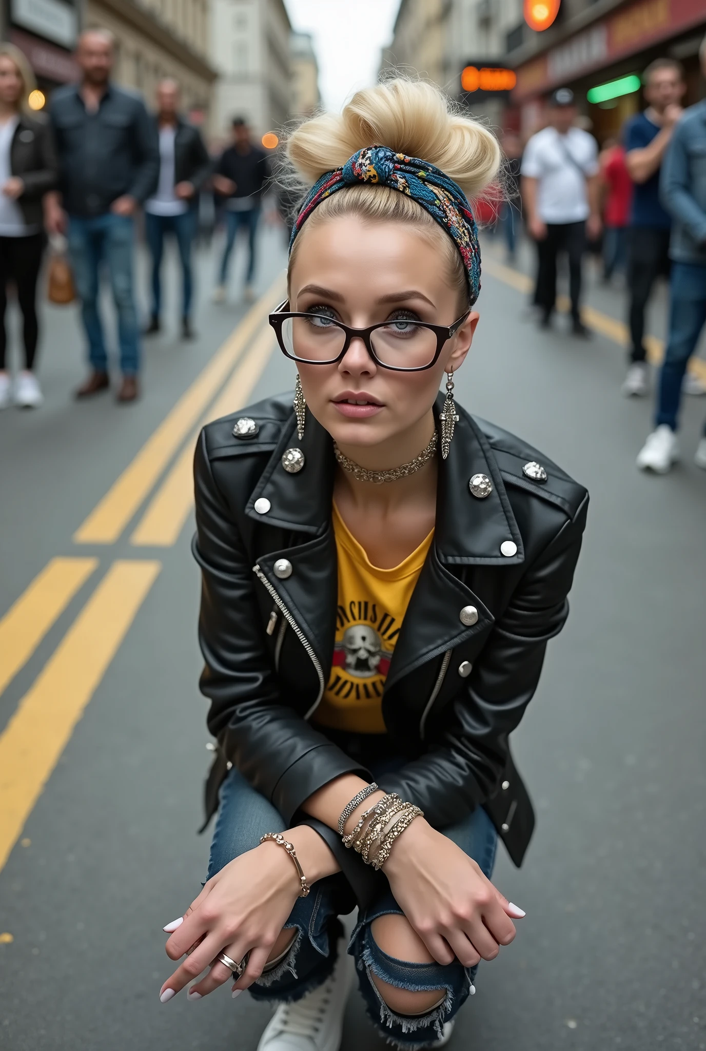 russian milf woman, grey hair (huge top bun) and bandana as headband (big maxi glasses), with very light blue eyes, extremely pale. Wearing cropped black moto jacket with lots of zippers and pins, raggy cropped t-shirt with guns and roses logo, dark skinny blue jeans with holes and white tennis sneakers  . Lots of metallic bracelets and collars. Tacky wide leather belt with oversized buckle. Long earrings. Kneeling like in a payer, looking up, eyes and mouth wide open in amazement. Hands on her knees. Listening in amazement to somebody speaking to her, toned six pack abdominals, thin legs and thin arms. A lot of people behind