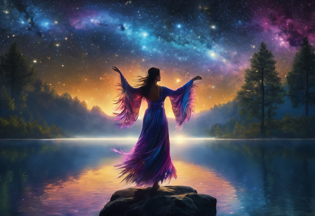 score_9, score_8_upper, score_7_upper,A woman in a beautiful feathered robe is dancing.,night,fantasy forest,night景,Firefly,lake,Crystal Sparkle,(masterpiece, Highest quality, Highest quality, Official Art, beautifull, beautiful:1.2,Ray Tracing),Very detailed,Blue tones,well-proportioned body,Long Hair,Long Shot,milky way,nebula,Starry Sky,shooting star,Very detailed, (Fractal Art:1.3), colorful, Most detailed, High resolution, Magical Patterns, Impressive visuals, (Dynamic Stripes, Light trail:1.2), Vibrant colors ,Detailed Images, Star Wizard