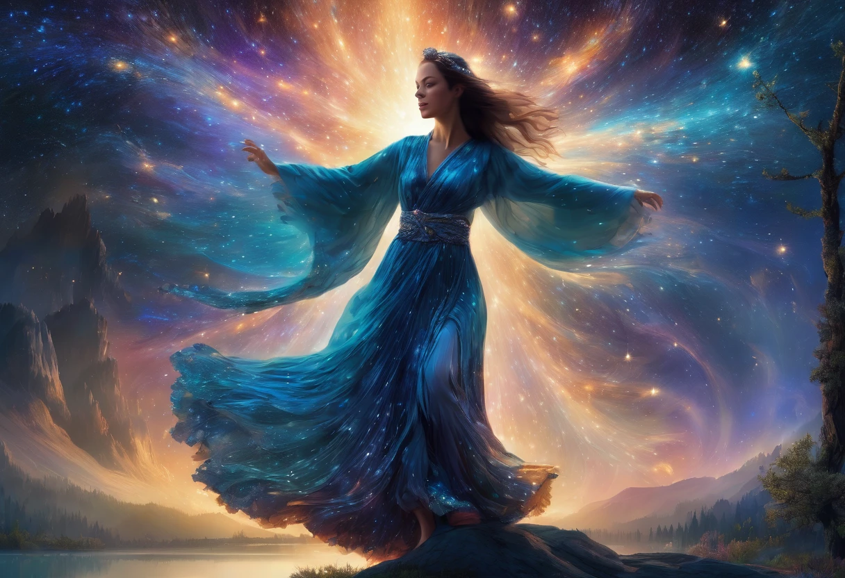 score_9, score_8_upper, score_7_upper,A woman in a beautiful feathered robe is dancing.,night,fantasy forest,night景,Firefly,lake,Crystal Sparkle,(masterpiece, Highest quality, Highest quality, Official Art, beautifull, beautiful:1.2,Ray Tracing),Very detailed,Blue tones,well-proportioned body,Long Hair,Long Shot,milky way,nebula,Starry Sky,shooting star,Very detailed, (Fractal Art:1.3), colorful, Most detailed, High resolution, Magical Patterns, Impressive visuals, (Dynamic Stripes, Light trail:1.2), Vibrant colors ,Detailed Images, Star Wizard