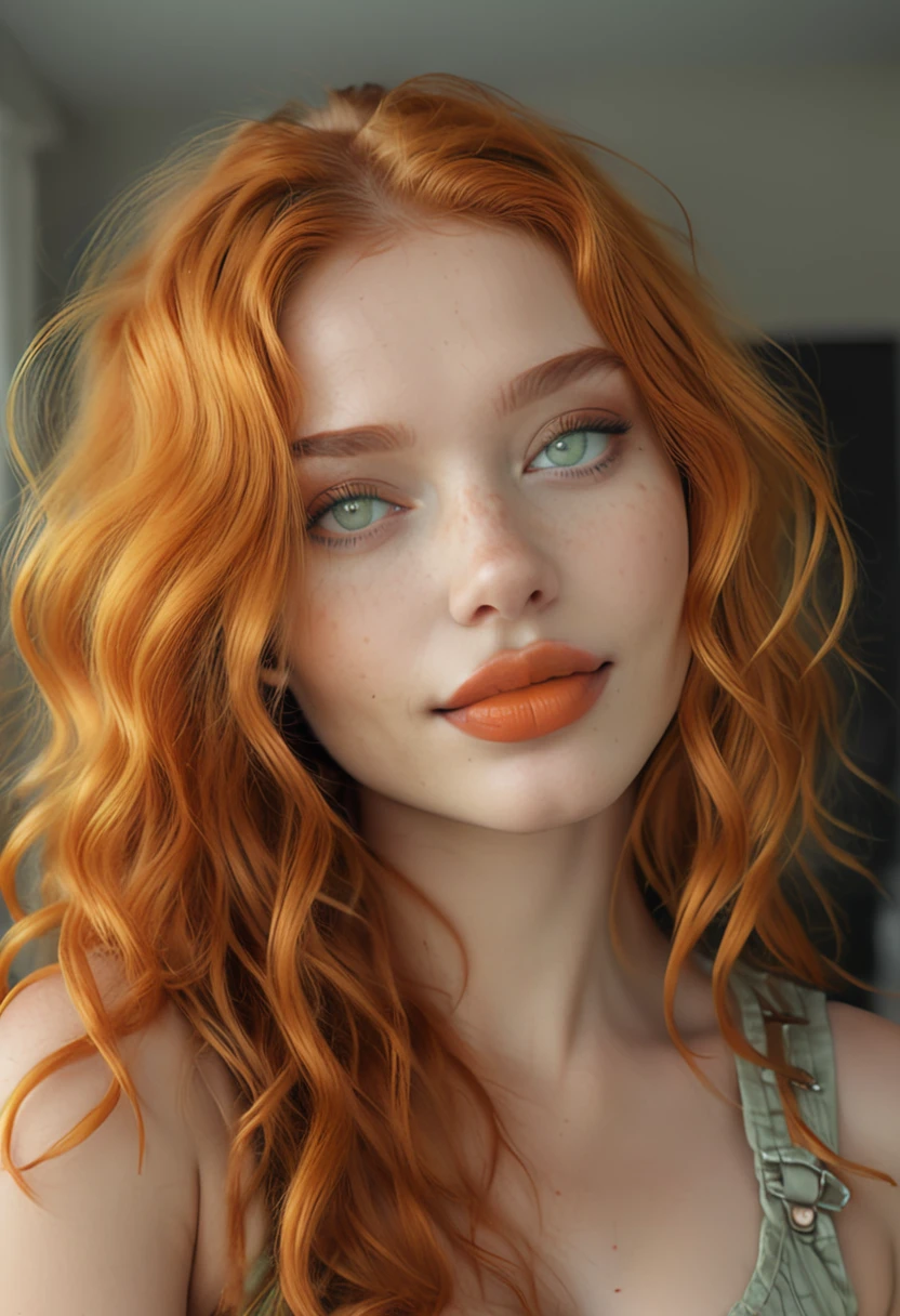 (((orange hair))),,Cute beautiful sexy light green eyes ，(((orange hair))), 22, dark lips.European and American women with thick lips Girl in a beautiful , thin waist, very detailed, innocent face, face length 1.3 times the width of the face, Almond-shaped eyes, square face shape, High cheekbones, natural curly hair, light green eyes, a high resolution, masterpiece, Best quality, complex parts, very detailed, Sharp Focus, soft skin, valid skin texture, texture, tender eyes, professional, 4K, charming smile, shooting on Canon, depth of field, Kodak Vision цветной, perfect fit to the body, very detailed, Photo_\( Extremist\), Photovalid, valid, Post-processing, maximum details, roughness, real life, Extremistvalid, Photorealism, Photography, 8K Ultra HD, Photography