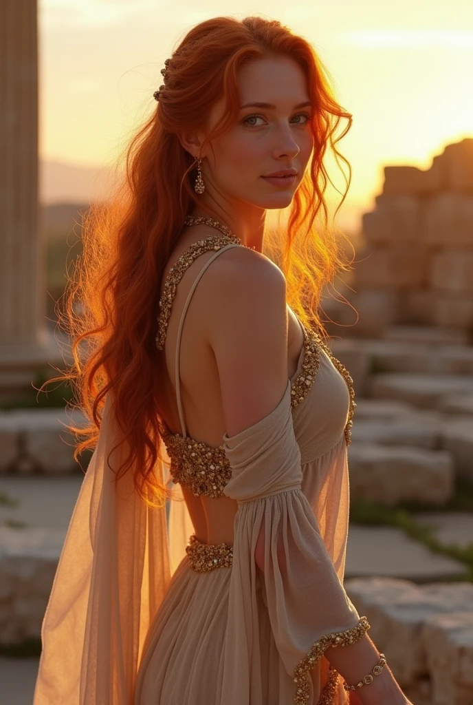 a one woman, She is redhead, very thin, but there is meat in the right places, She has a beautiful smile, and she is half naked, extremely transparent clothes show everything, and her many gold and stone accessories suggest that she is the Oracle of Athena