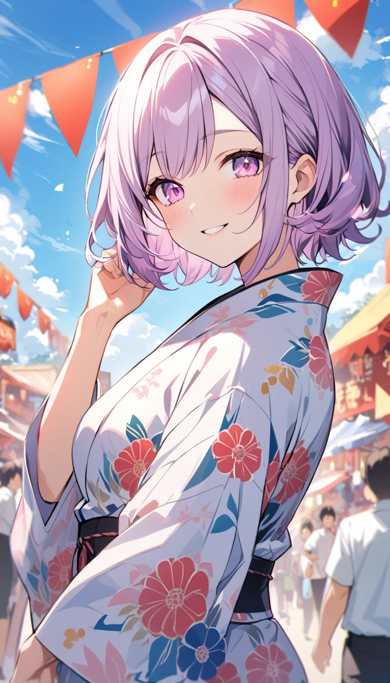 good looking, alone, 1 female, Medium Hair, light purple hair, Pink highlights on the tip, Pale pink eyes,Smile Facial,yukata,blue sky,festival