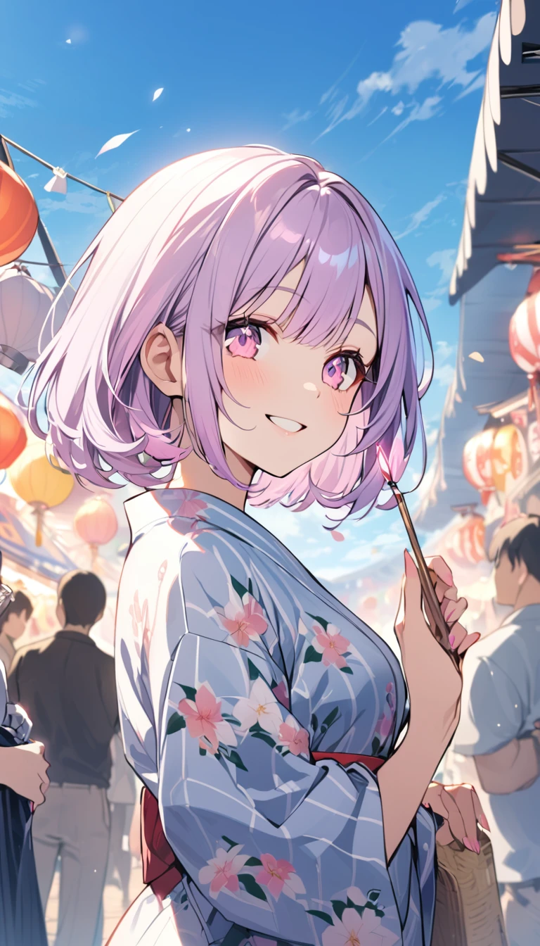 good looking, alone, 1 female, Medium Hair, light purple hair, Pink highlights on the tip, Pale pink eyes,Smile Facial,yukata,blue sky,festival