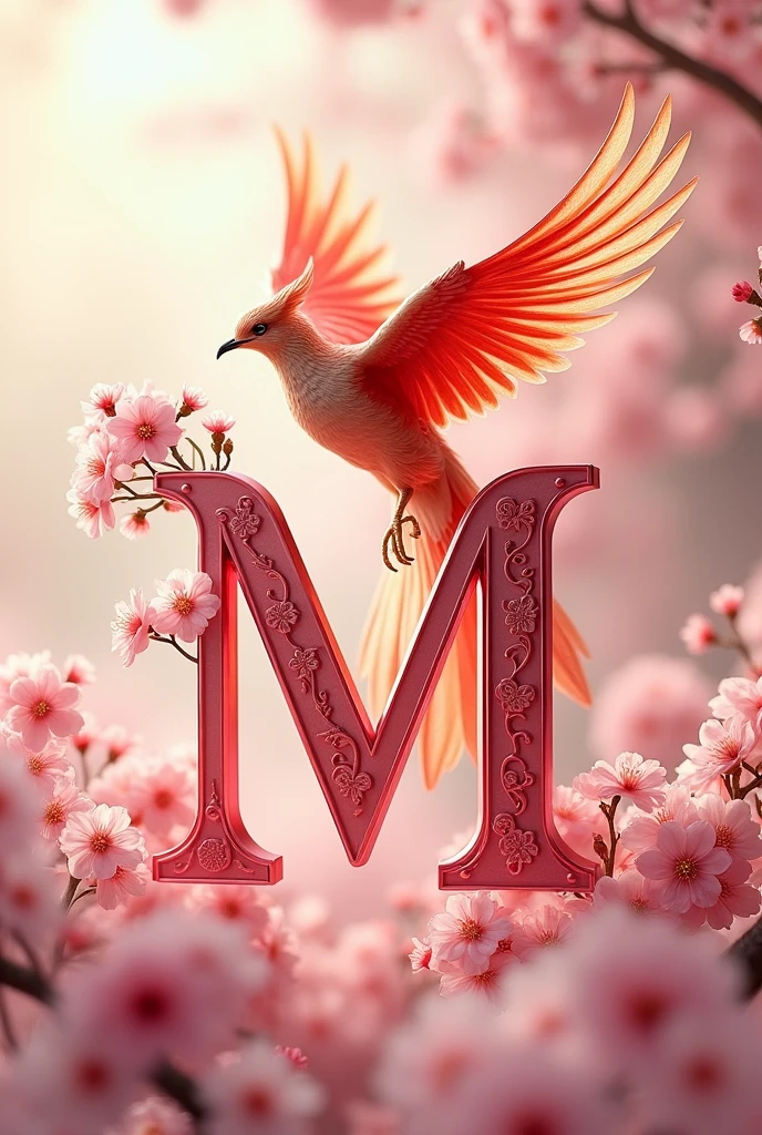 Pink cursive uppercase letter M with elegant details with cherry blossoms and a phoenix bird above it with open wings taking flight with its tail raised