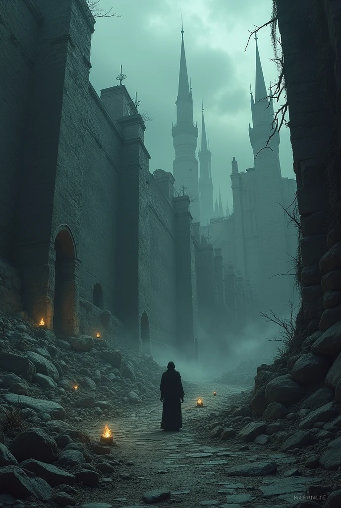 Lahor, though, actually looked it. Now it was little more than ruins.
The wall that stood before us was formidable, perhaps the only well- maintained part of this city. Black onyx, stretching high above us and out to either side. The skyline beyond the wall, though... it was what bones were to bodies. What had once been buildings were now jagged spires of shattered stone, the mere suggestion of architecture—towers cracked and leaning on uneven piles of stone. The only lights upon this skyline we