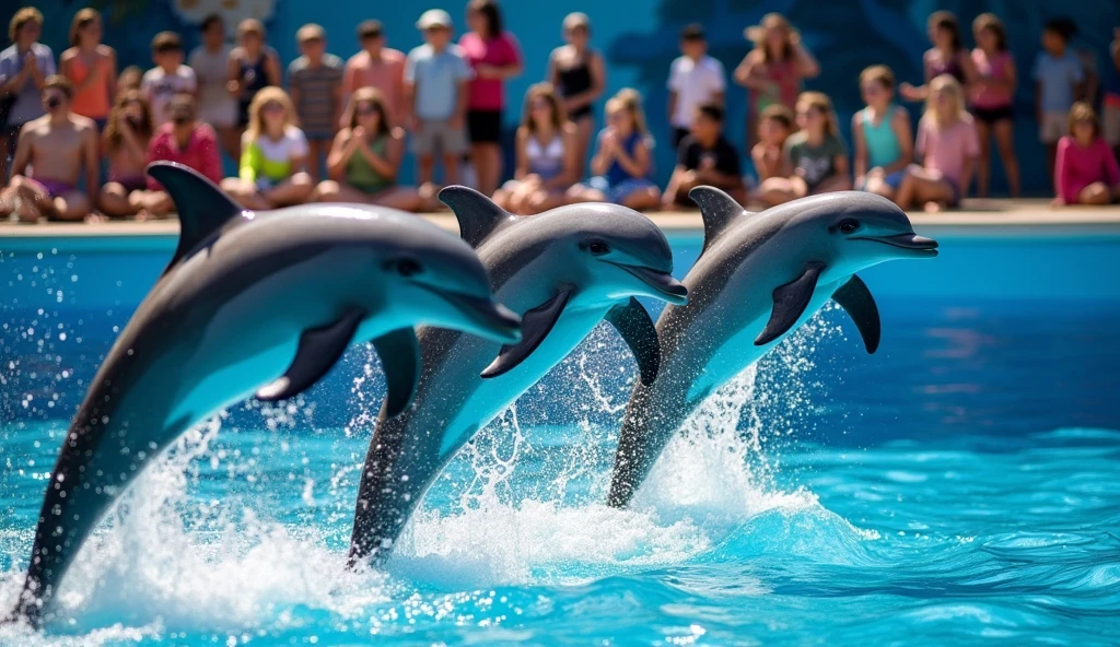Three dolphins jumping through hoops at an aquarium
