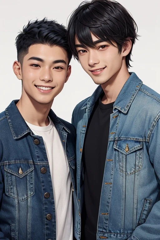 Asian and European mixed race boys，Age 25，Height 192，dark blue hair，Japanese fluffy bangs，Dark brown eyes with a hint of blue，Smiles cheerfully，Very gentle feeling，Wearing a denim jacket and white inner wear