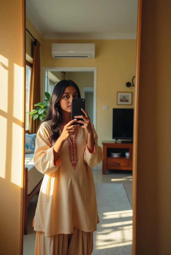 A girl wearing normal not much morden dresses mirror selfie in indian morden home where all technical material are available like tv wifi ac etc the photo should be like the image which will be shown in the mirror and not full only upper from the weist